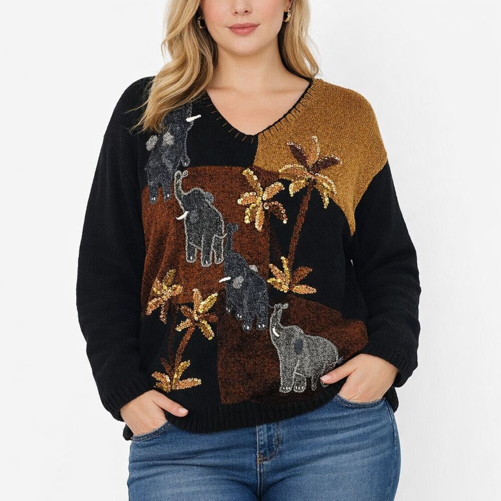 Vintage 80s/90s Victoria Harbour Elephant Safari Embellished Sweater XL